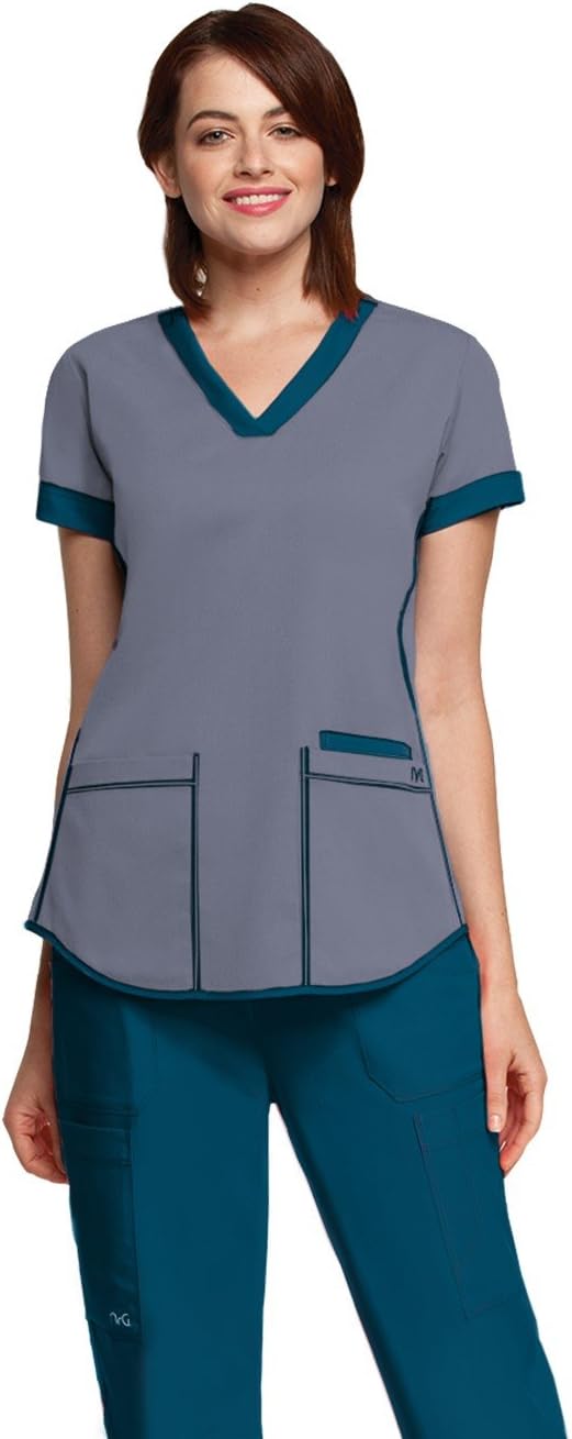 NRG 3159 Women's 3Pkt Contrast Cross V-Neck Top (Titanium/Peacock, Small)