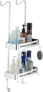 Duschregal zum hängen, Badezimmer-Duschablage, über der Tür hängende Duschablage, rostfreies Aluminium-Duschregal, Badezimmerregal mit Haken (doppelt Silber)