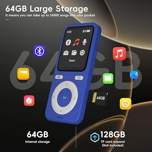 Miniatura 4 de Reproductor MP3 de 64 GB con Bluetooth, Bluetooth portátil HiFi sin pérdidas, reproductor MP3 con altavoz, grabadora de voz, barajar para niños,