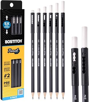 Bostitch, Wood-Cased Pencil Plus, Retractable Eraser, American Cedar Wood, #2 HB, Round, Matte Black, Pre-sharpened, Six Pack