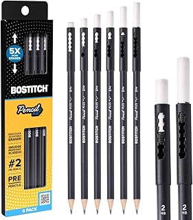 Bostitch, Wood-Cased Pencil Plus, Retractable Eraser, American Cedar Wood, #2 HB, Round, Matte Black, Pre-sharpened, Six Pack