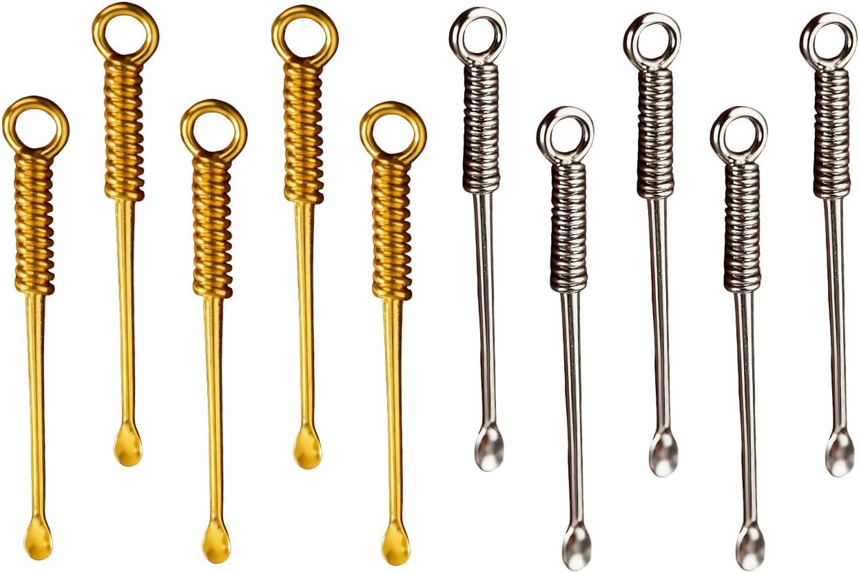 10 Pcs Mini Spoons Shovel Tableware Charm, Metal Measuring Shovel Spoon, Tiny Spoon Pendant for Crafts DIY Accessories Powder Salt Spices Clean your ears (Gold & Silver)