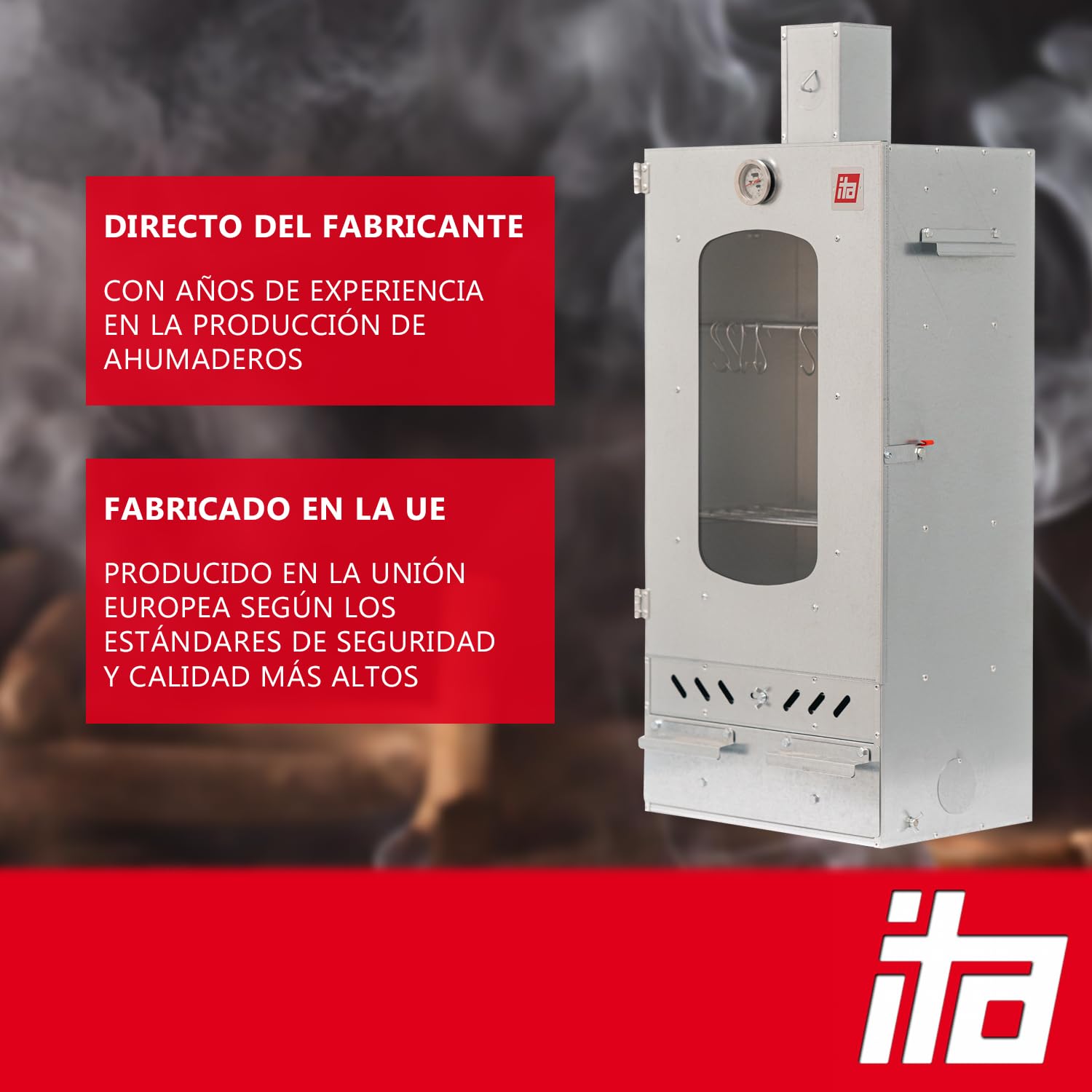 ITA Ahumador Eléctrico 7012 - Set de Smoker con Calefacción, Generador de Humo - Armario con Ventana y Chimenea - Acero Aleado - Calidad UE, Directo del Fabricante - 81 cm con 3 Estantes