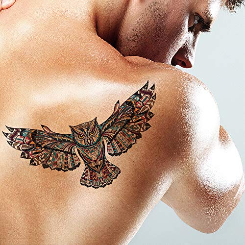 Fanoshon Large Owl Temporary Tattoos For Adult Men Teens, 4 Sheets Cool Chest And Back Fake Halloween Body Makeup Design Stickers Body Art Tattoos #TOP4