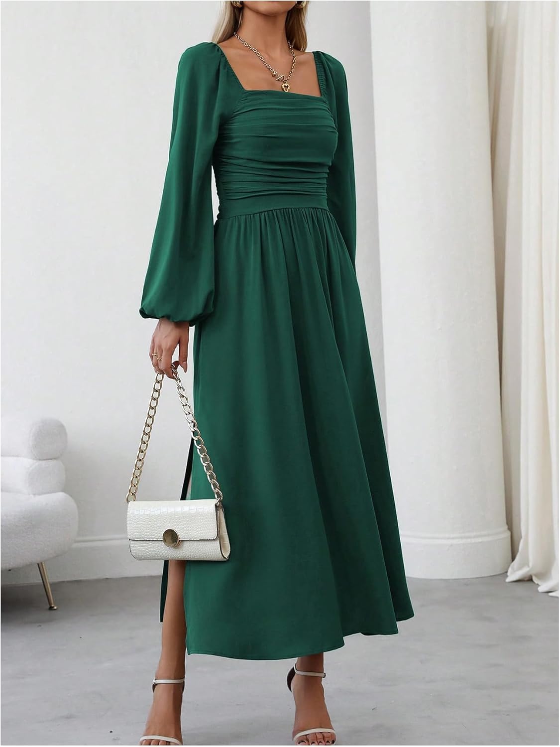 Floerns Women's Square Neck Lantern Long Sleeve Dress Split Ruched Party Midi Dresses - Image 4