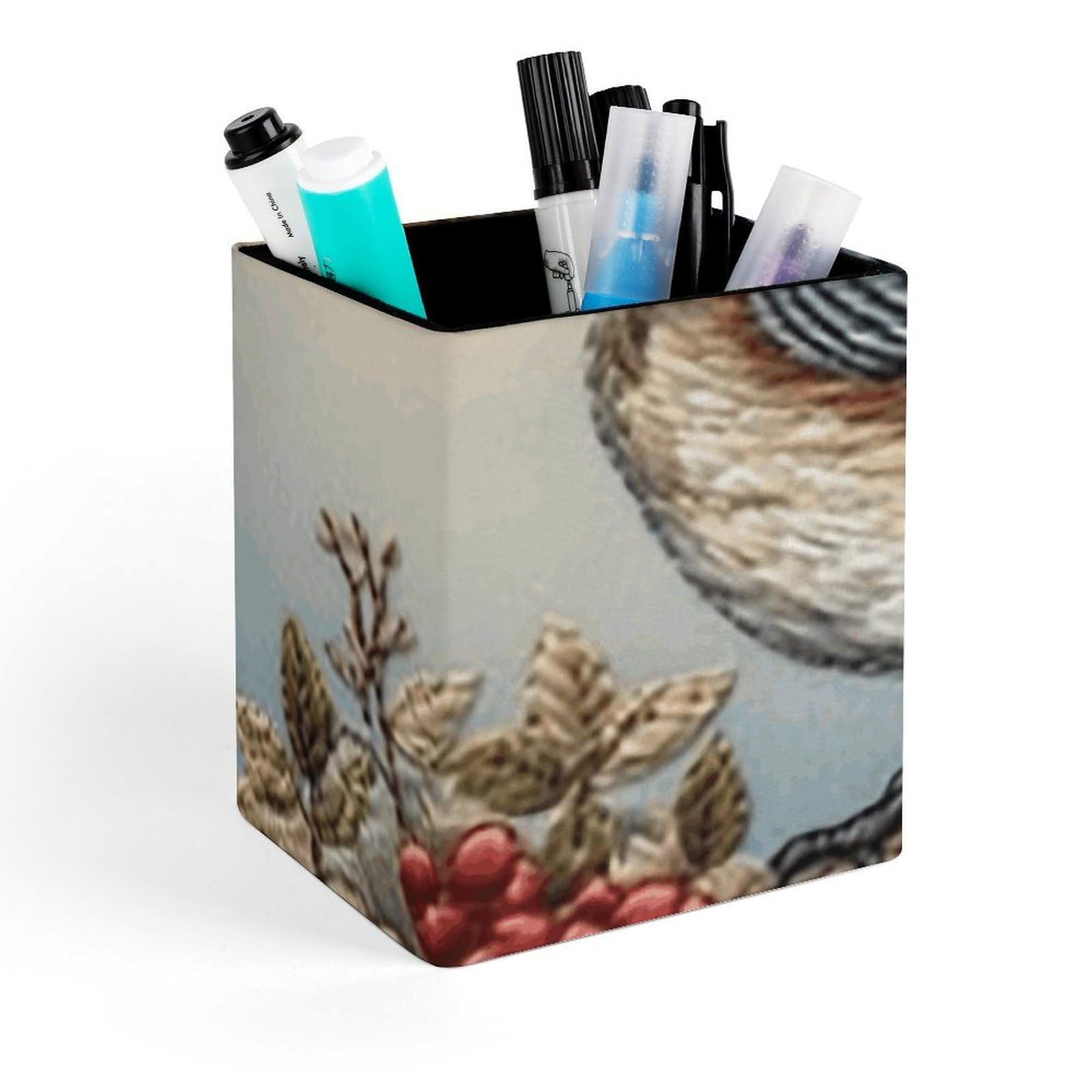 FekiLoot Bird on Branch Pencil Holder Square Leather Pen Holder Cup Modern Multi-Functional Pencil Cup Holder Decorative Desk Organizer Caddy Makeup Brush Holders for Desk Office