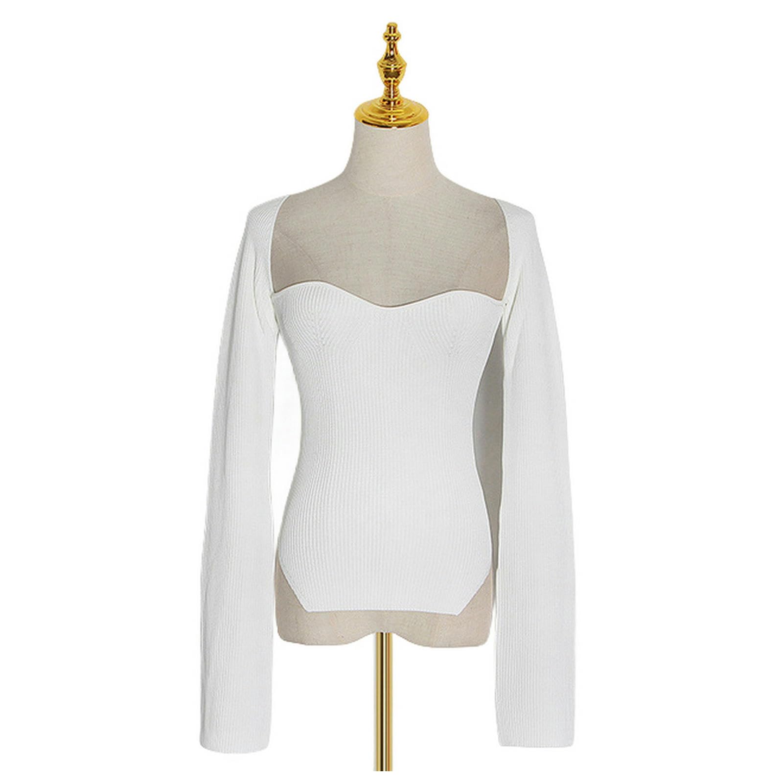 TEidea Rebeca Mujer Verano Autumn Fashion: Suéter De Punto Dividido De Lado Blanco con Cuello Cuadrado Y Mangas Largas para Mujeres-Blanco-S