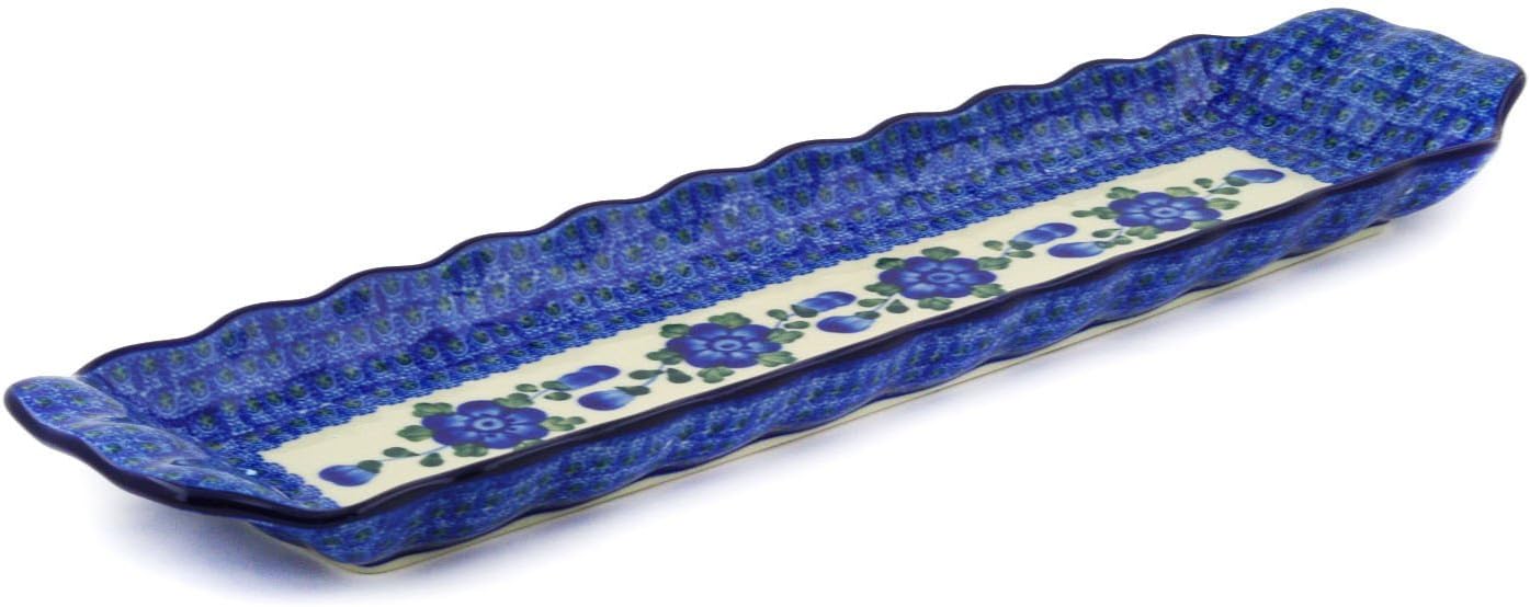 Polmedia Polish Pottery Platter with Handles 20-inch - Blue Poppies Pattern Handmade in Boleslawiec Poland by Ceramika Artystyczna + Certificate of Authenticity