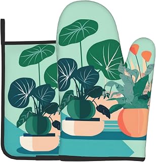 Oven Mitts and Potholders Set of 2 for Kitchen Baking Cooking GrayIndoor Cartoon Potted Green Plants Thick and Durable