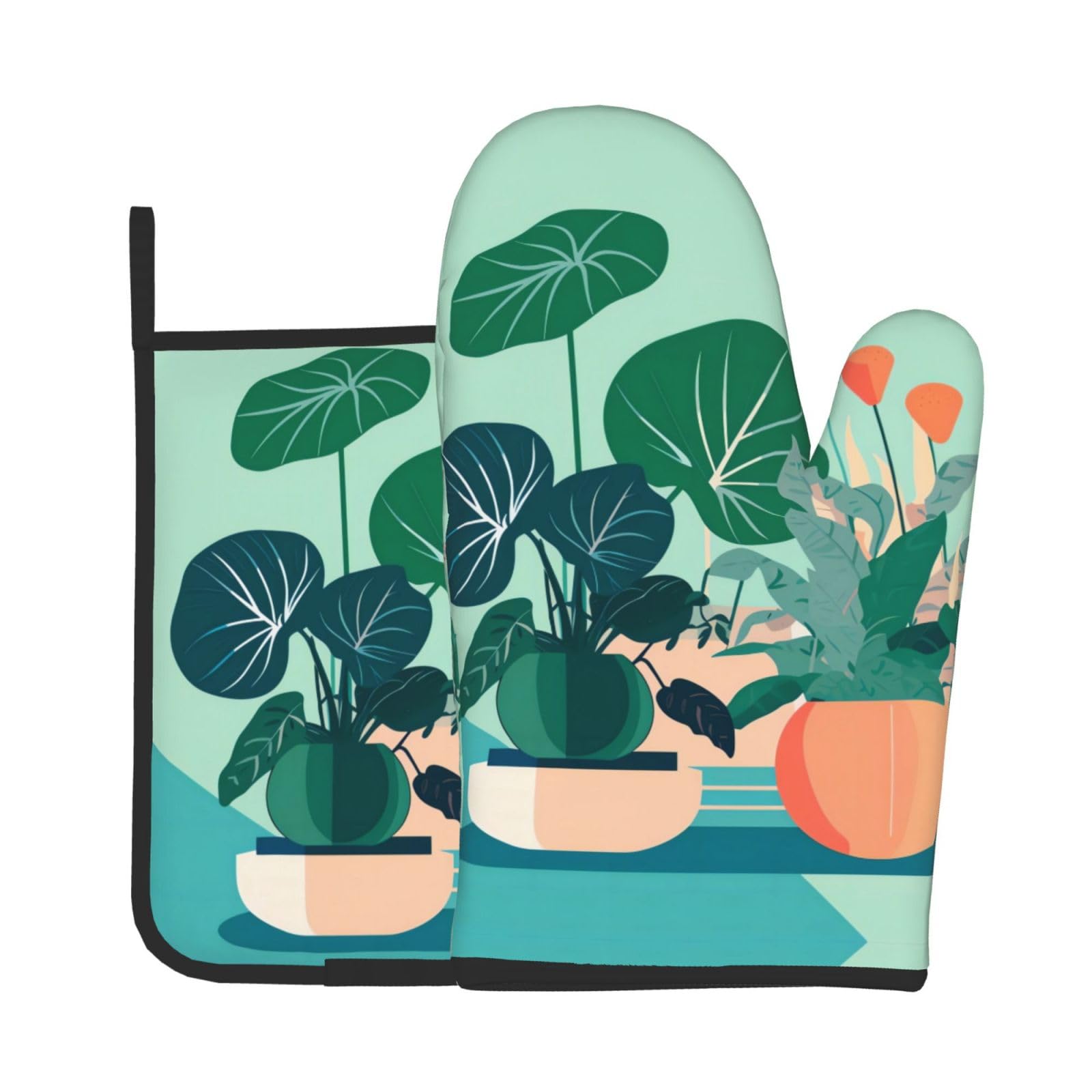 Oven Mitts and Potholders Set of 2 for Kitchen Baking Cooking GrayIndoor Cartoon Potted Green Plants Thick and Durable