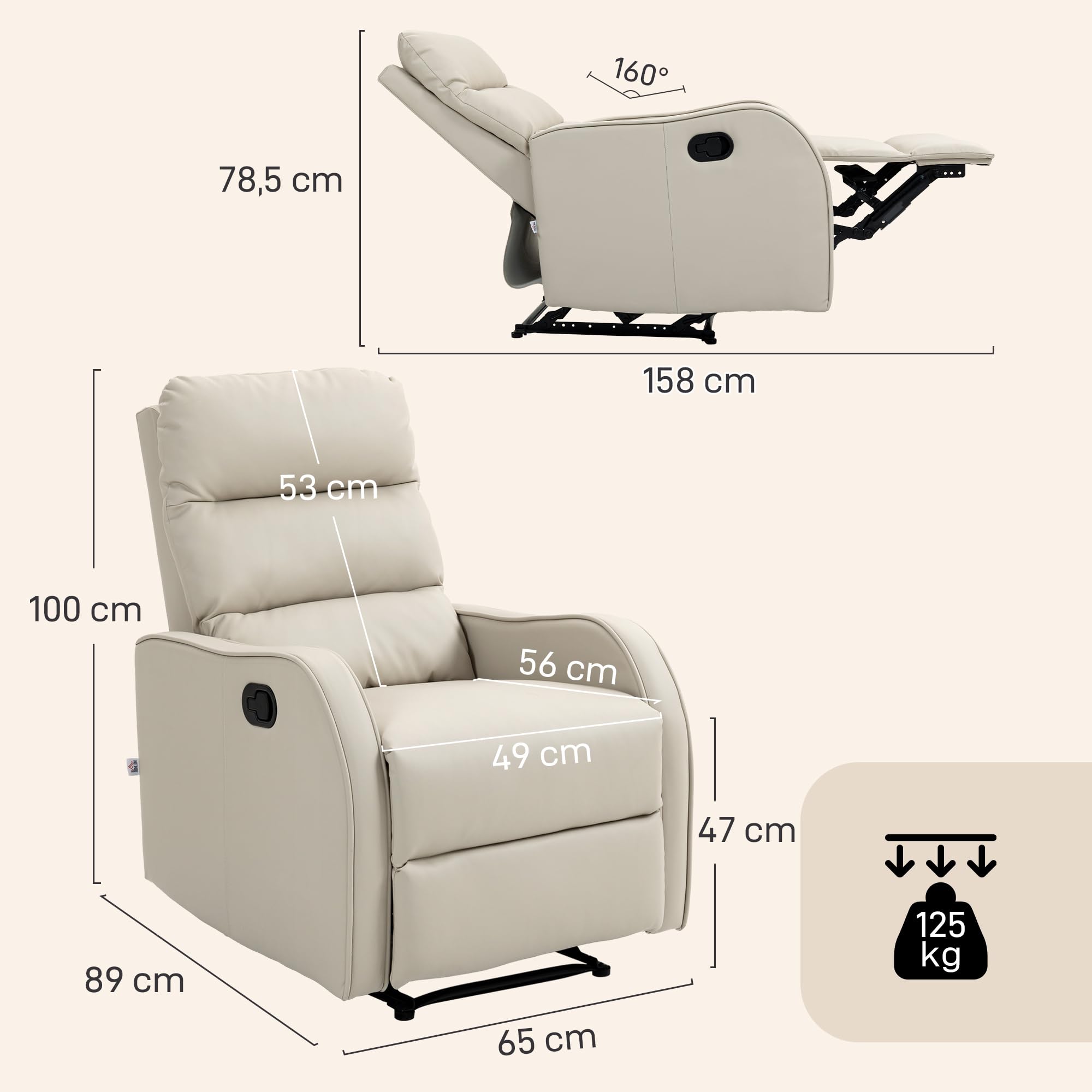 HOMCOM Sillón Relax Reclinable Manual hasta 160° 65x89x100 cm Crema