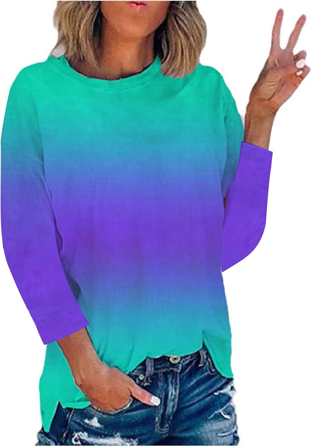 Trendy Tie-Dye 3/4 Sleeve Casual Tunic Tops for Women