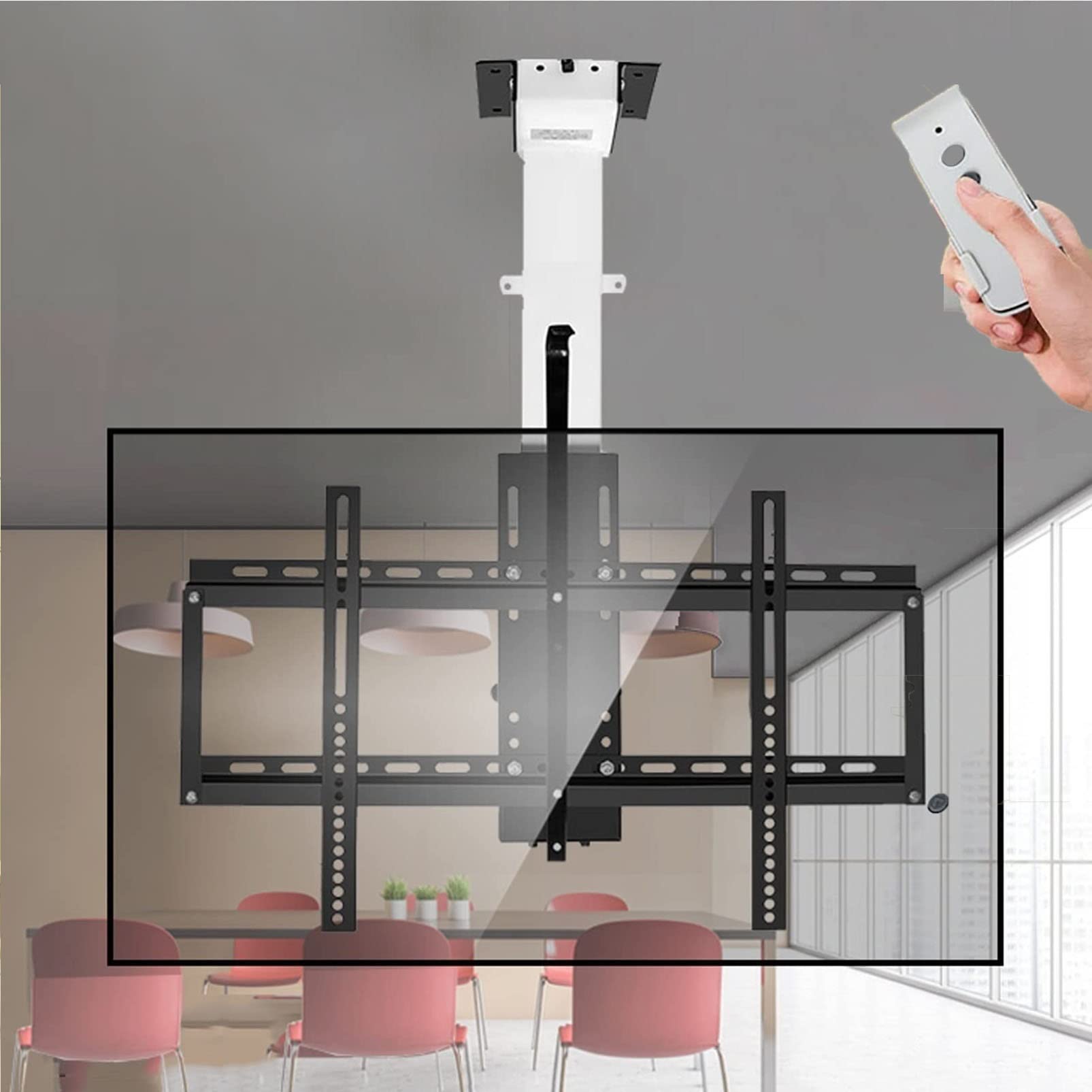 HTTGDGDH With Remote Control Motorized Ceiling Tv Mount, Hanging Tv Mount Bracket, Electric Tv Lift And Memory Setting, For 32" - 75" Tvs Up To 50Kg/132Lbs,