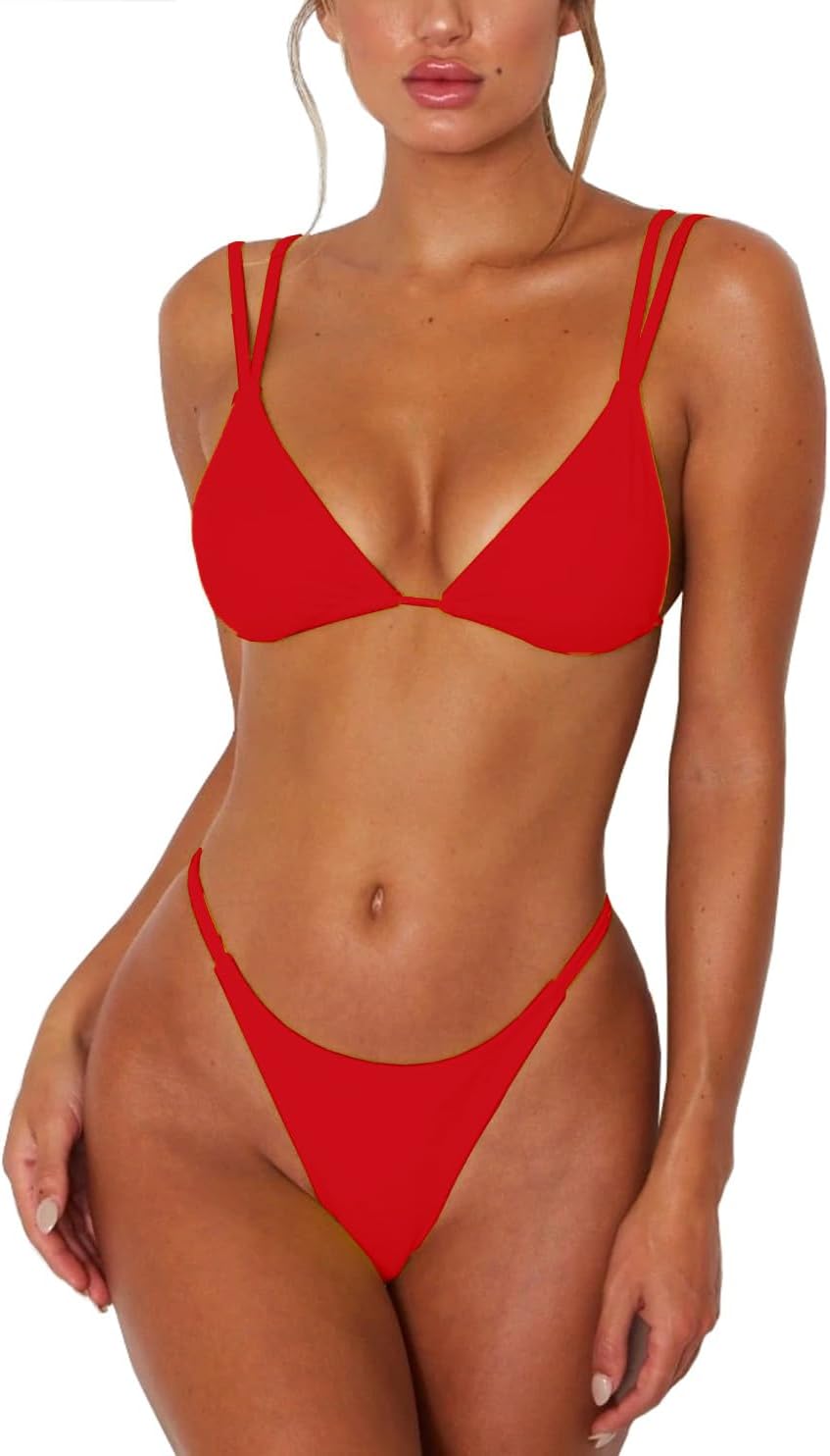 Women's Sexy Thong Bottom Two Piece Bikini Double Shoulder Straps Cute Swimsuit Triangle Bathing Suit
