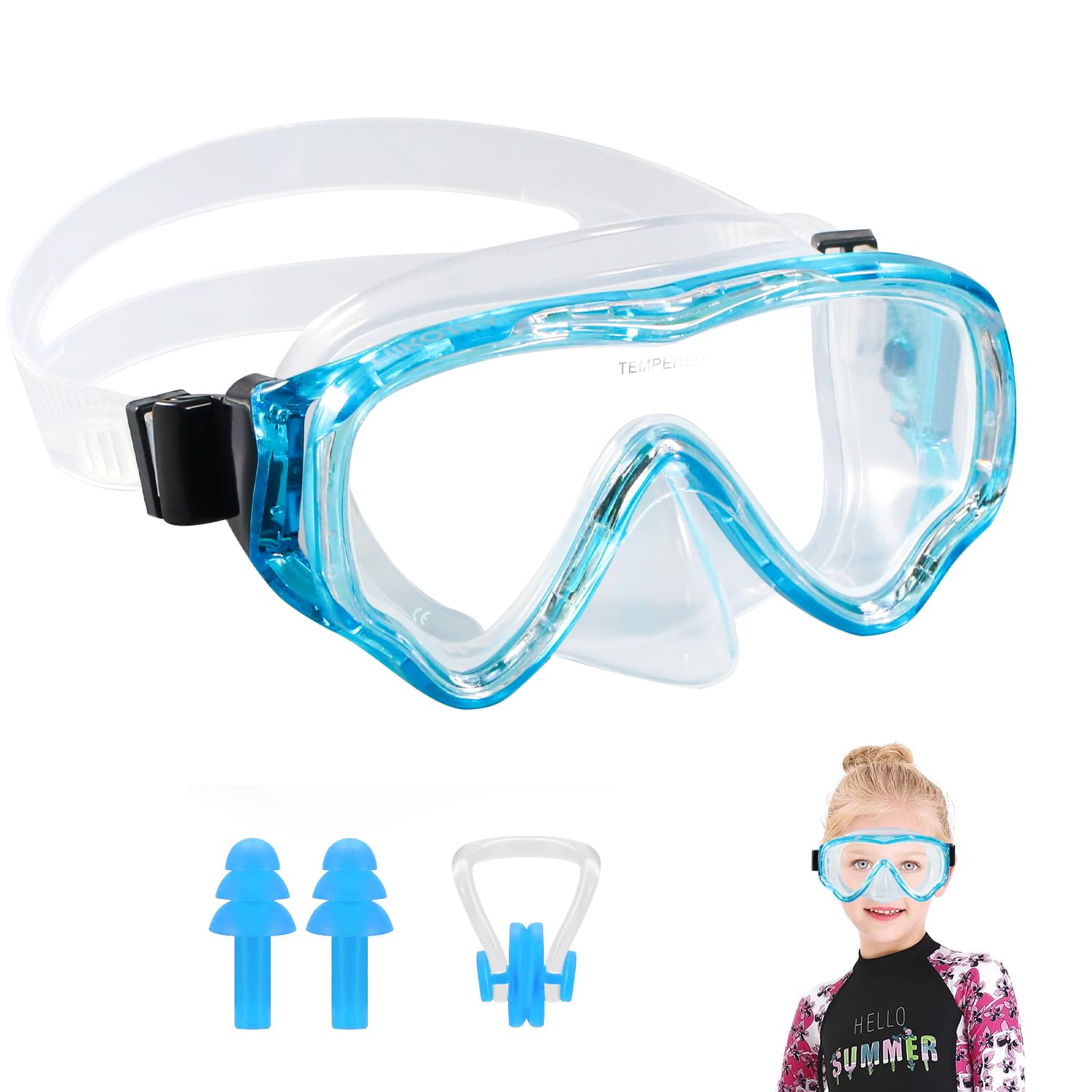 HIKOTEY Snorkel Mask for Kids(4-16 Years),180°Panoramic View Diving Mask With Tempered Glass Lenses,Anti-fog, Anti-leak Technology,Adjustable Silicone Strap,Includes Earplugs and Nose Clip(Light Blue)