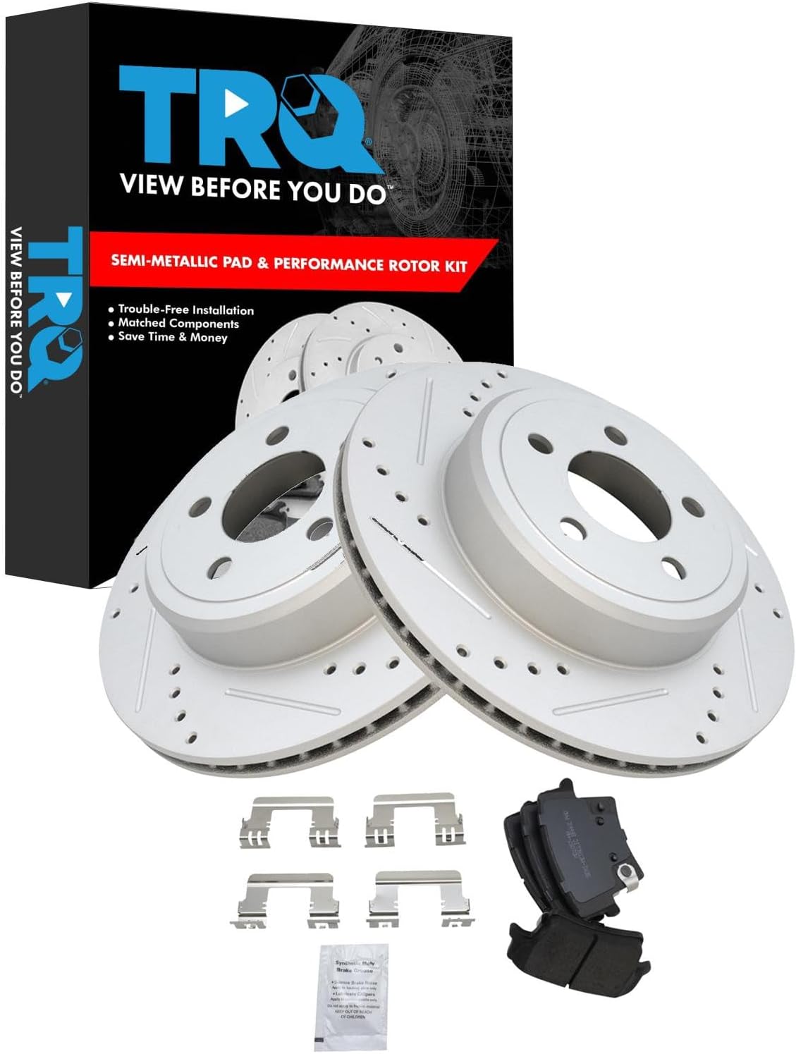 TRQ Rear Brake Pad and Rotor Set Semi Metallic Coated Drilled Slotted Rotors Compatible with 2005-2021 Chrysler 300 2006-2021 Dodge Charger 2009-2021 Challenger 2005-2008 Magnum