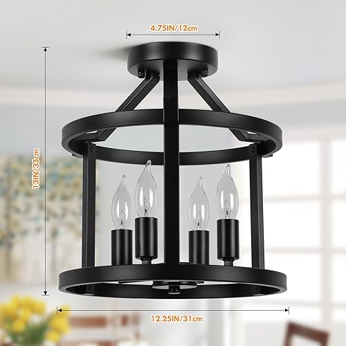 Miniatura 5 de 4-Light Farmhouse Metal Semi Flush Mount Ceiling Light Fixture, Industrial Vintage Matte Black E12 Candle Ceiling Lamp, Rustic Chandeliers for