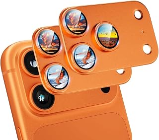 【2025年 先行发售】YXHH新上市 iPhone 17 Pro Max 用 相机膜 带2张 镜头盖 钢化玻璃 镜头全面保护膜 苹果17 Pro Max 用 带铝合金框架 耐冲击 防划 高透光率 简单粘贴 无干扰 镜头保护膜 橙色