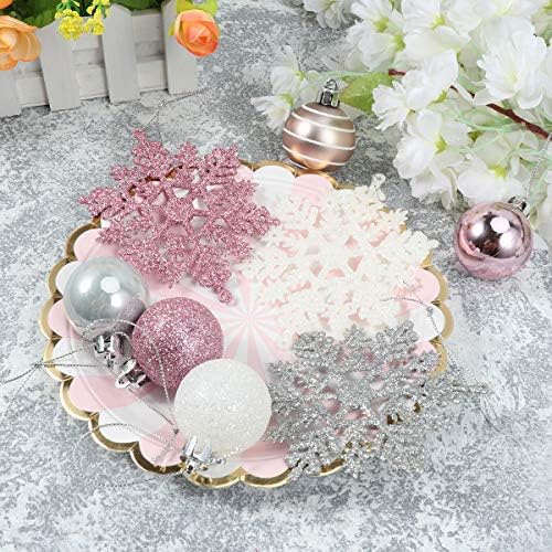 Amosfun 24Pcs Silver Pink Christmas Decorations Xmas Tree Silver Baubles Snow Balls Christmas Party Snowflake Pendant