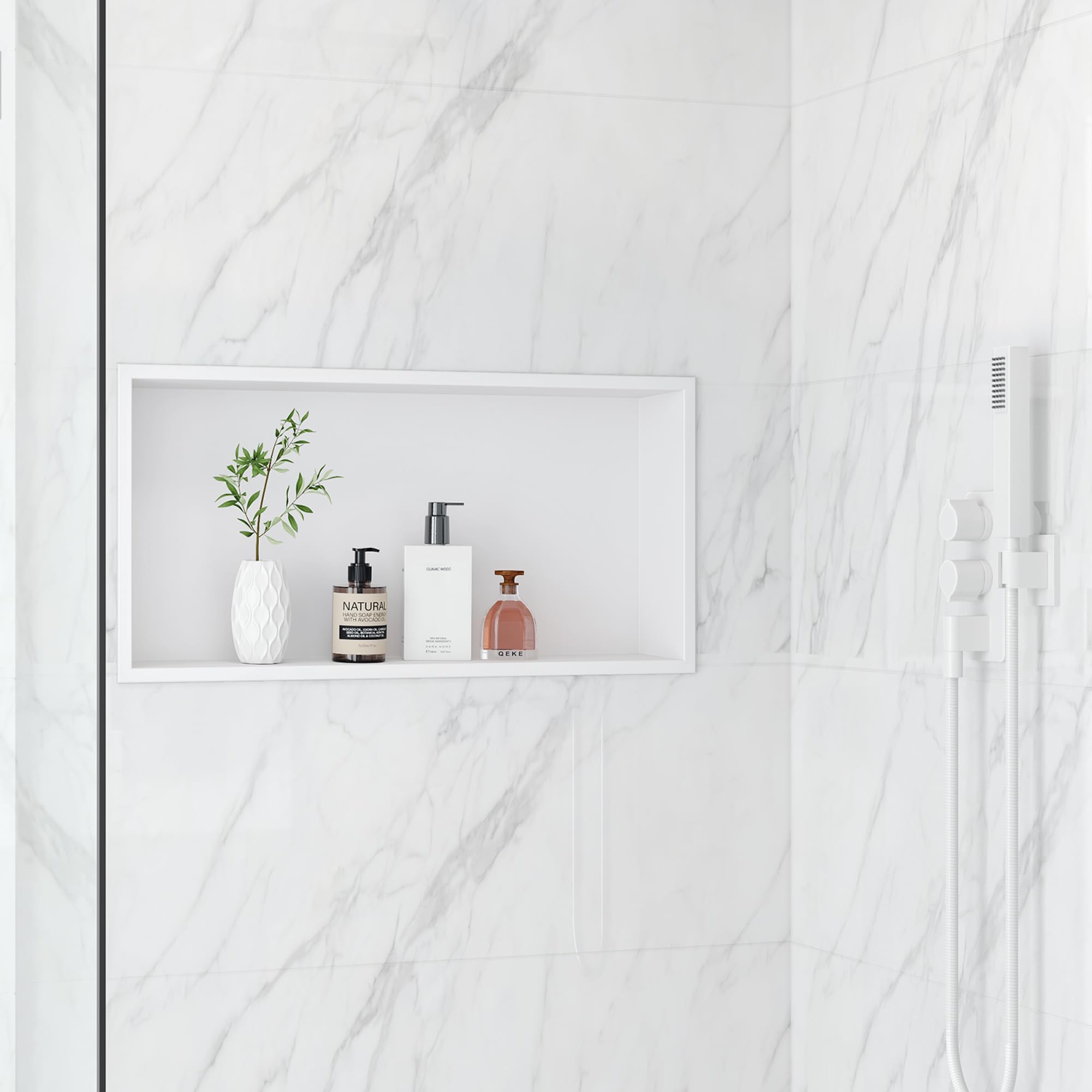 Qeke 304 Stainless Steel Recessed Shower Niche, Waterproof Built-in Wall Caddy with Flange, Easy to Installation, Rustproof for Bathroom & Kitchen, Single Layer, 60x30x10 CM, White