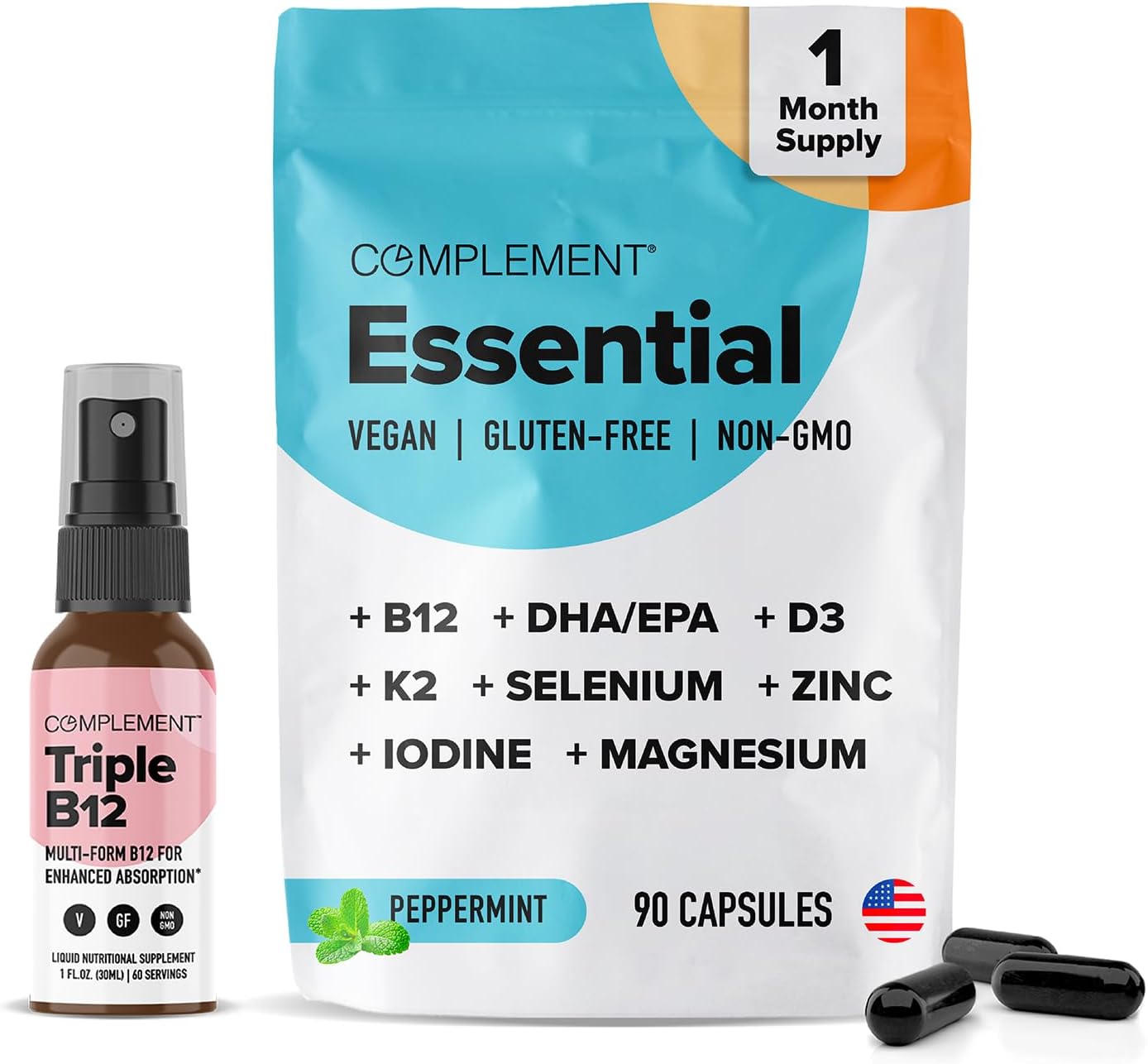 Complement Essential Vegan Multivitamin (30 Servings, 90 Capsules) & Triple B12 Spray (60 Servings) Bundle - Omega 3, Vitamin D3 K2, Zinc, Magnesium & Raspberry - Energy, Immune Support