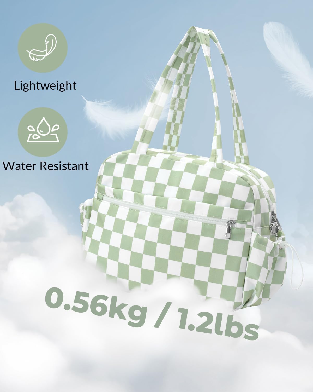 Checkerboard Gym Bag for Women, 20L Puffer Duffle Bag with Shoes Wet Pocket for Travel Sports Workout, Lightweight Stylish Personal Item Carry on Weekender Bags, Green & White