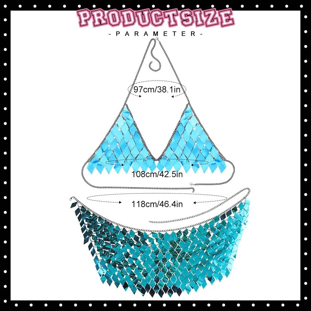 TWINKLEDE Sequin Mermaid Body Chain Top Skirt Sparkly Skirts Bikini Rave Outfits for Women