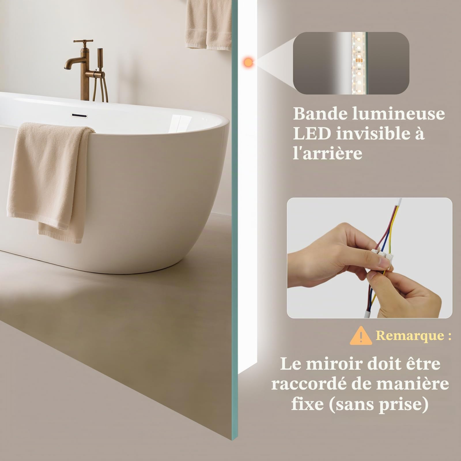 Miroir de salle de bain avec éclairage 40x60cm - Miroir de salle de bain LED avec éclairage, interrupteur tactile, variable, 3 couleurs de lumière, miroir mural LED pour salle de bain