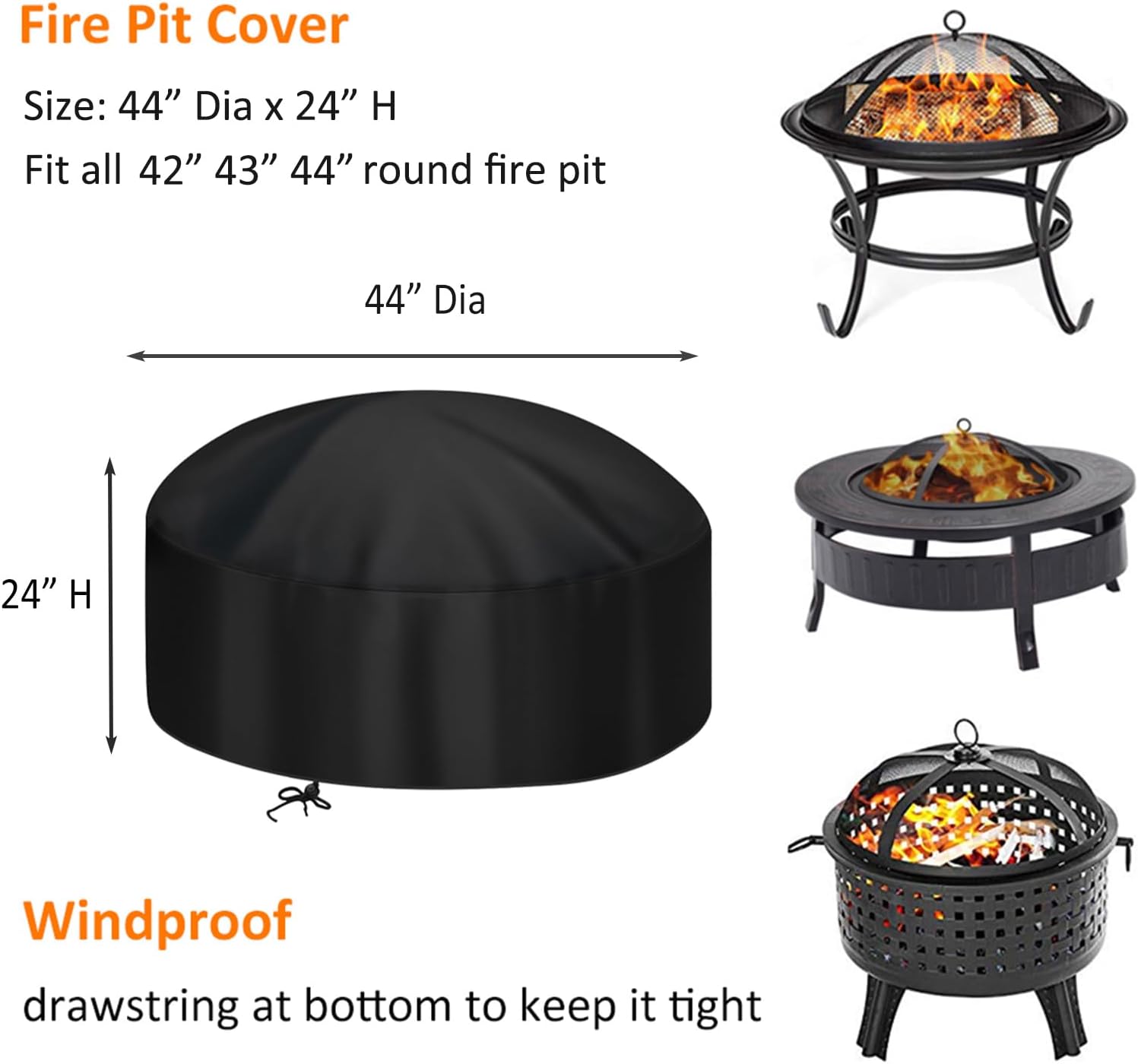 44-Inch Fire Pit Cover for 42-44 inch Round Fire Pit, Heavy Duty 300D Oxford Fabric Waterproof Dustproof Fire Bowl Cover All-Season Protection 44"Dia x 24"H