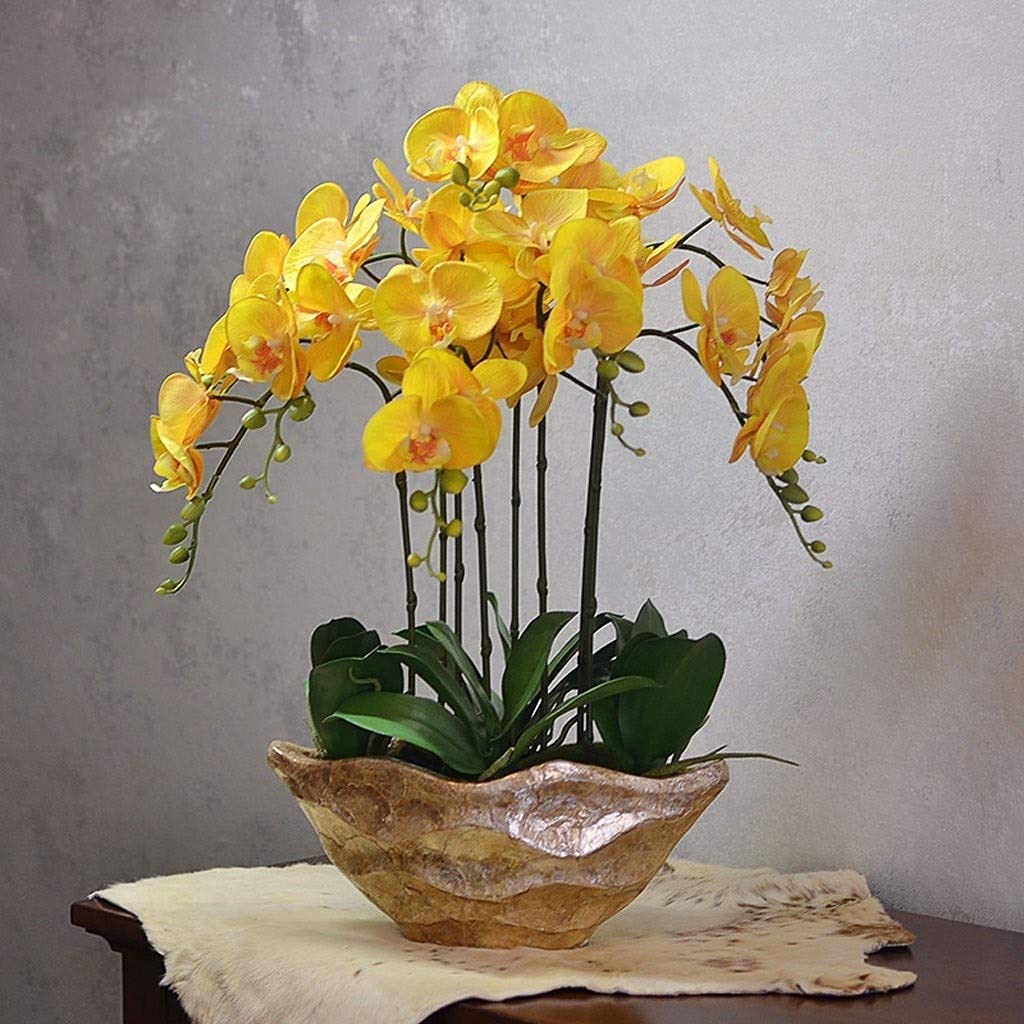Realistische künstliche Phalaenopsis-Seidenblume, künstliches Arrangement, gelbe Schmetterlingsorchidee-Bonsai mit Harzvase, künstliche Orchideen-Bonsai