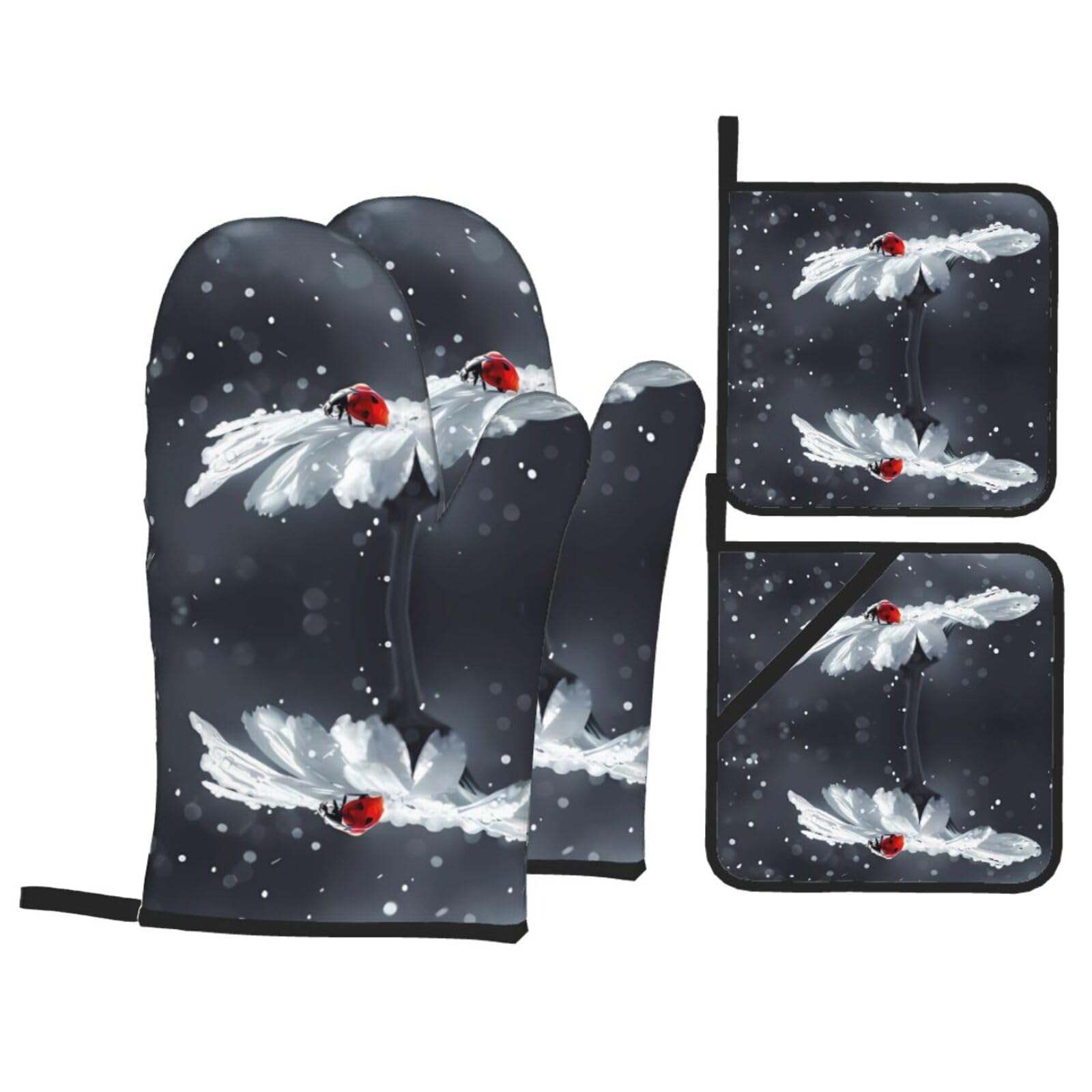 WHJSHOP Ladybug on Daisy Flower Prints Oven Mitts & Pot Holders Set - Waterproof Kitchen Layers & Heat Resistant - Durable Covers for Safe Cooking & Easy Cleanup