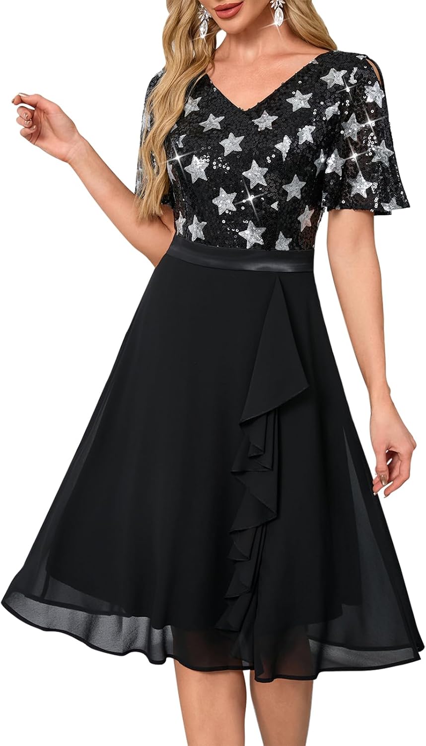 Cololura Women Elegant Sexy Sequin V Neck Tulle Chiffon A-Line Formal Evening Prom Party Midi Dress