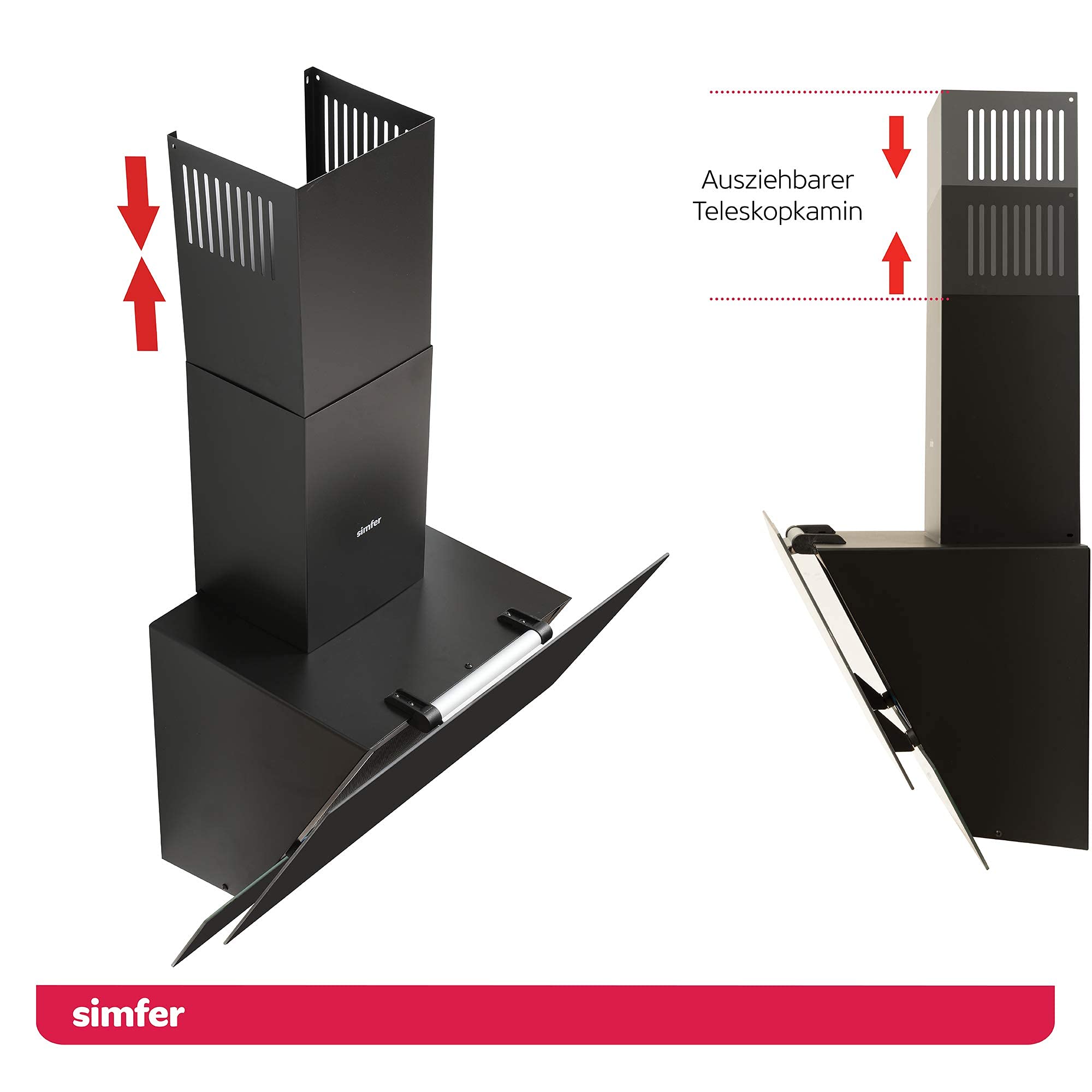 Simfer Dunstabzugshaube Glas CH 5658 | 60 cm | 650 m³ /h | 3 Stufen | Druckknöpfe | Wandhaube | Kaminhaube | Schräghaube | Alu-Filter | 2x LED | Teleskopkamin Schwarz