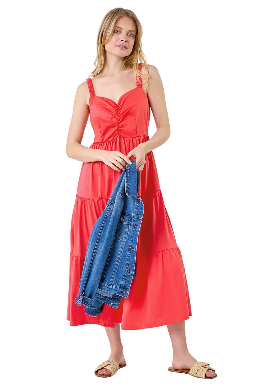 Roman Originals Cotton Strappy Tiered Midi Dress for Women UK - Ladies Everyday Holiday Spring Summer V-Neckline Comfy Soft Evening Vacation Work Party - Coral - Size 12