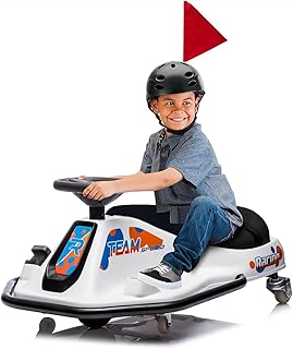 Electric Kids Drift Kart, 24V 2 Speed Modes, 360 Degree Easy Spinning Drifts, Flashing Lights, Flags, Music, Drift Cart, Suitable for Children Over 3 Years Old