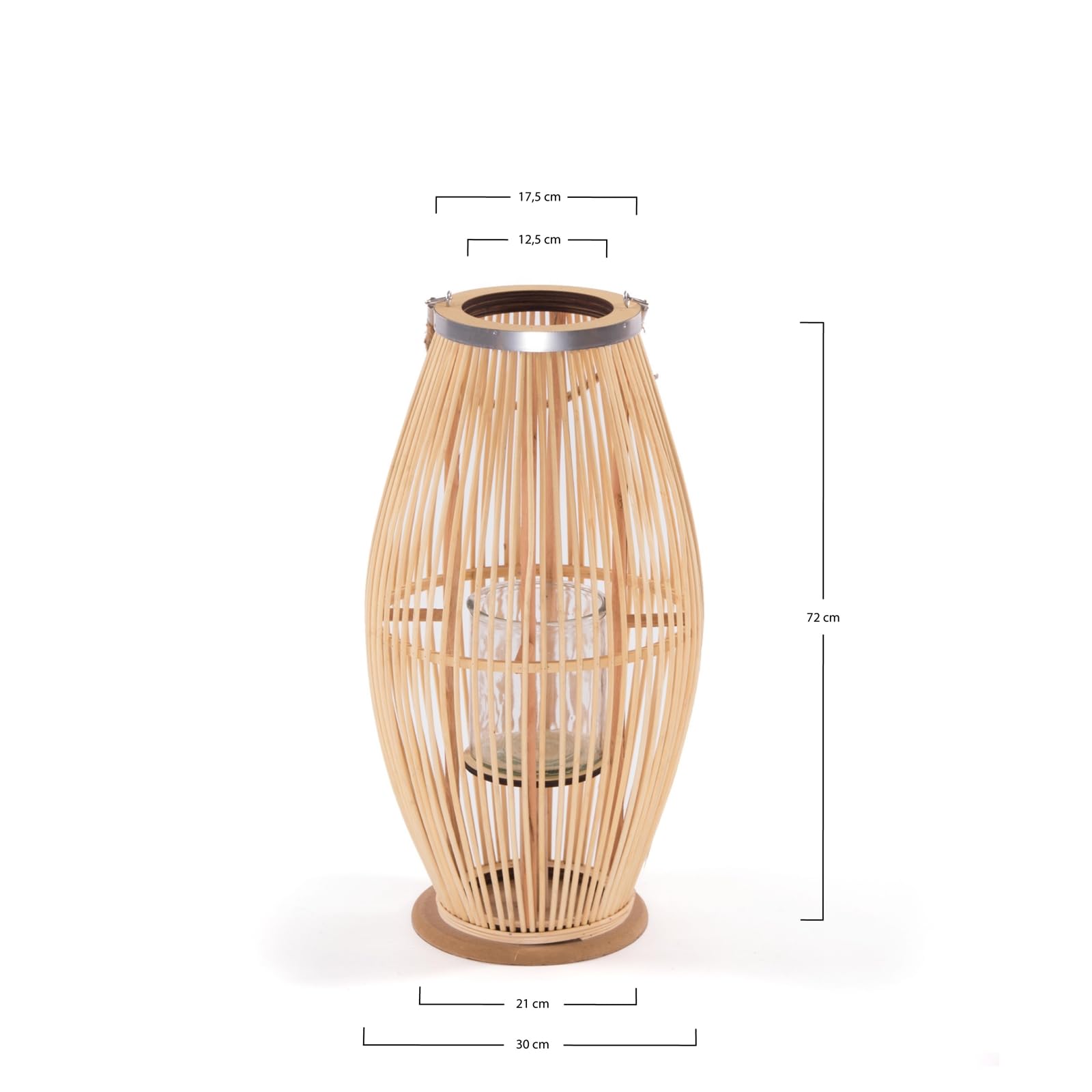 Zya - Lanterna in bambù con manico e inserto in vetro, portacandele in legno, portacandela antivento, lanterna decorativa per balcone o appartamento coperto, dimensioni: 70 cm