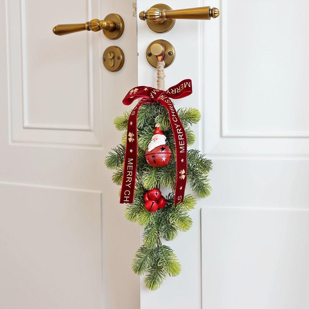 Christmas Swags for Front Door Xmas Teardrop Floral Swag Wreaths with Red Bow and Christmas Bells Hanging Winter Artificial Garland Swags