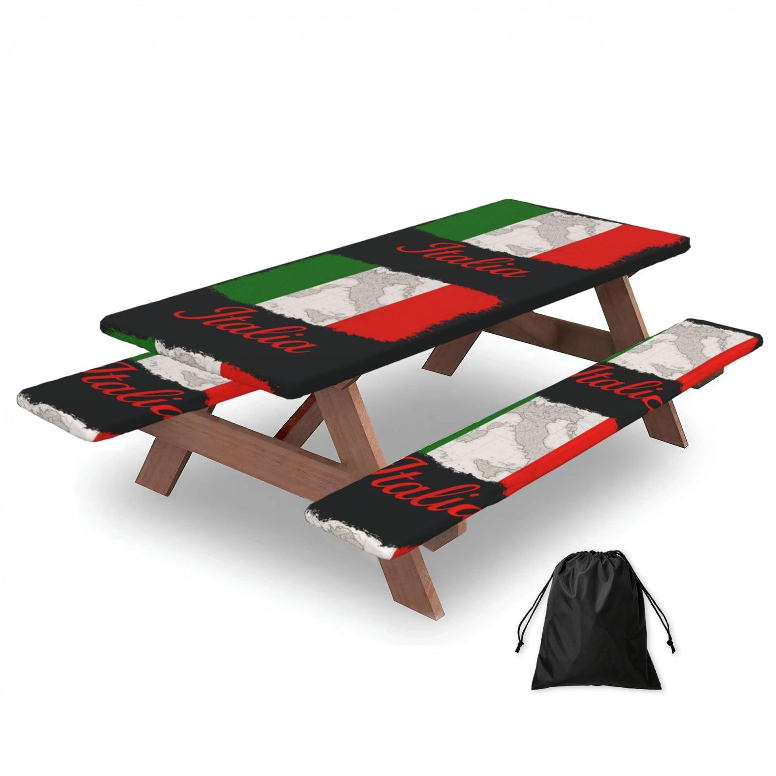 Zyjhyy Black Italian Flag Print Party Table Covers With Bench Covers Set Of 3 Picnic Table Cloth Wipe Clean For Garden Camping