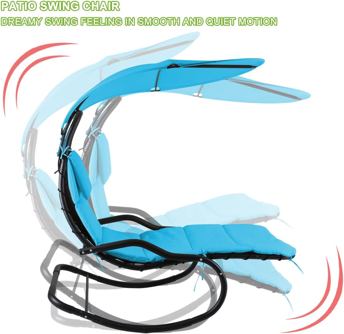 2X Outdoor Hammock Rocking Chaise Lounge Swing Chair, with Stand and Canopy, Porch Swing w/Soft Cushion Removable Headrest, Outdoor Recliner Rocking Chair for Garden Backyard Poolside (Blue)