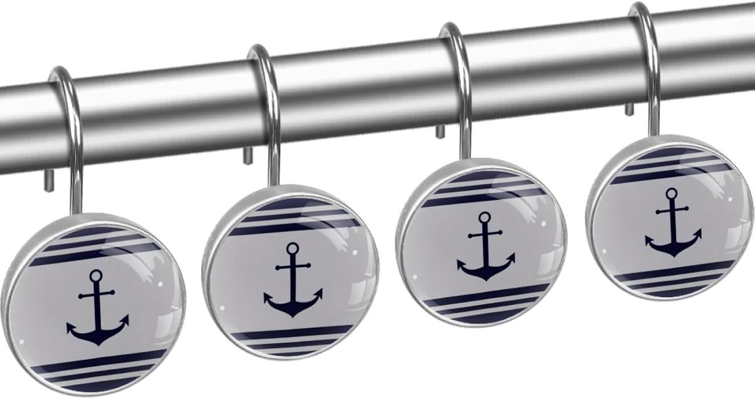 Nautical Anchor Blue and White 12 Pack Shower Curtain Hooks Decorative Shower Curtain Hook and Ring Set ABS Resin Anti-Rust Bathroom Curtain Rings