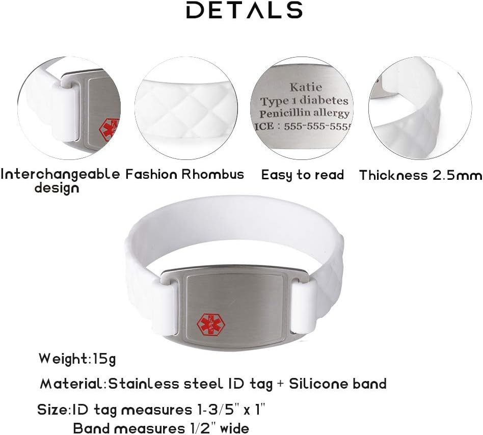 Waterproof Medical Alert ID Bracelet - Silicone Sports Emergency Bracelets for Women and Men Free Engraving - Image 4