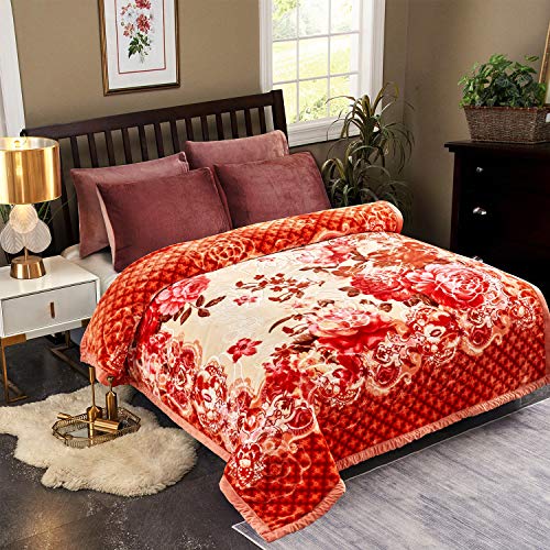 Jml Plush Raschel Blanket, Korean Mink Blankets - Silky Soft, 2 Ply Printed Fleece Blanket (Orange Floral, King) #TOP30
