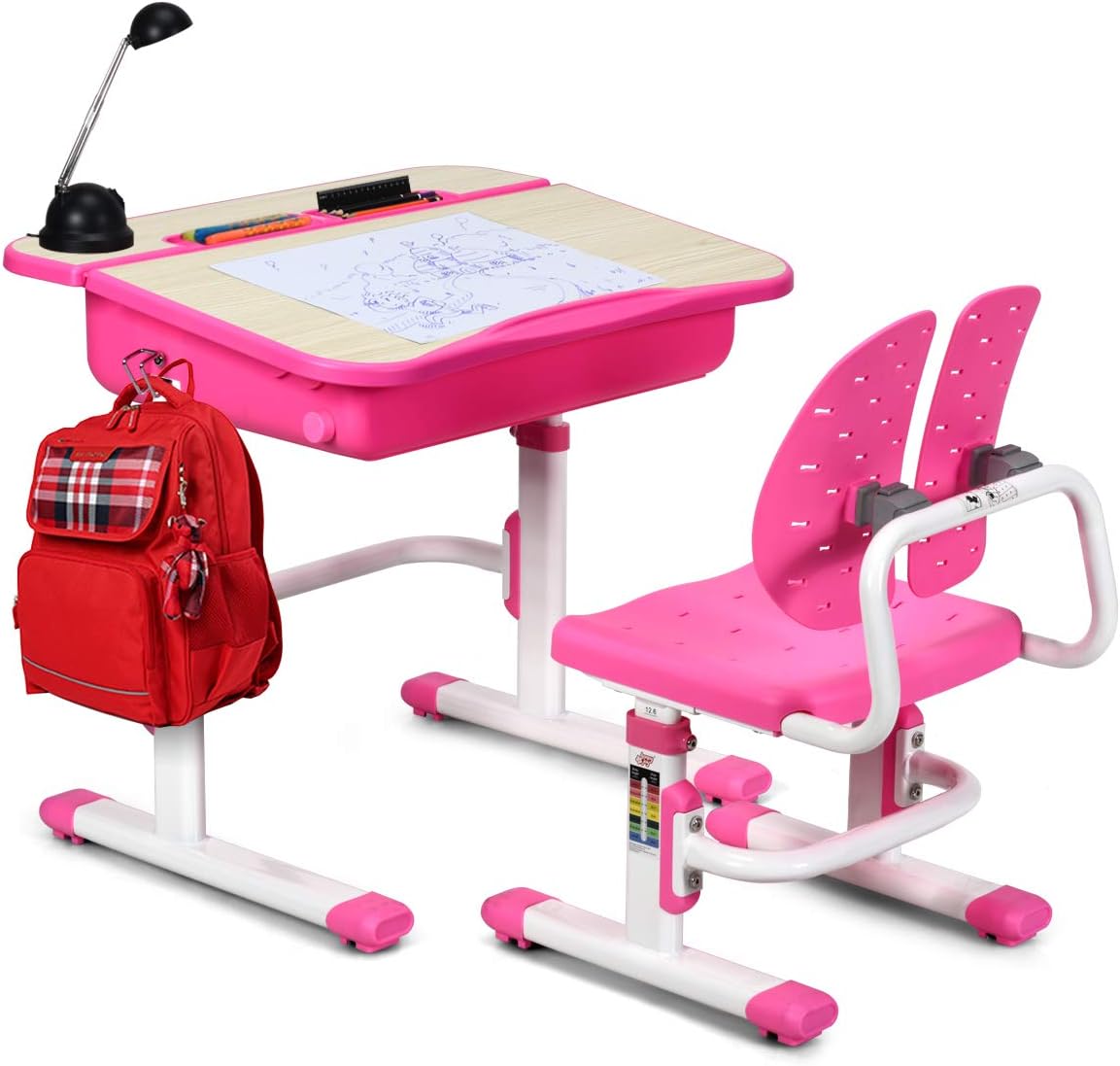 BABY JOY Kids Desk and Chair Set, Height Adjustable, Children's Study Table with Large Storage Space, Ergonomic Winged Backrest Chair, Student School Desk Set Great Gift for Ages 3 to 14 (Pink)