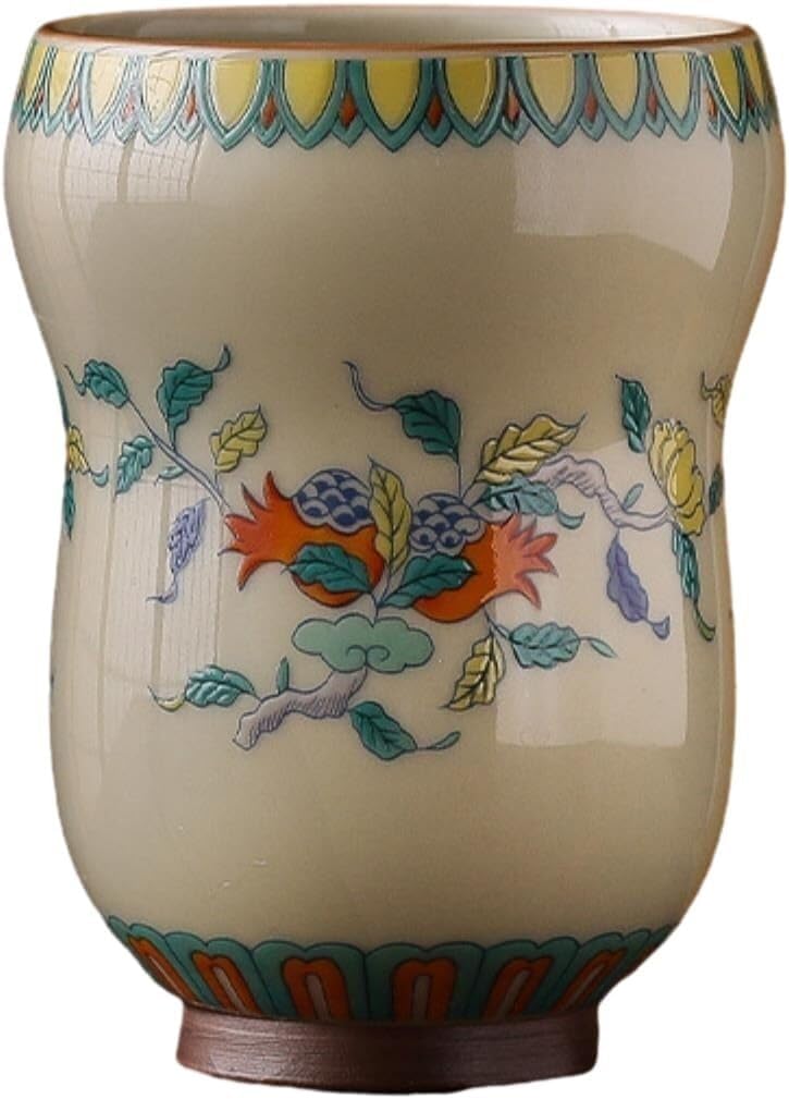 Creative Floral Pattern Ceramic Tea Cup, Retro Kung Fu Tea Set – Secret Yellow Glazed Three Cai Bowl with Lid, Ceramic, Elegant Tea Brewer