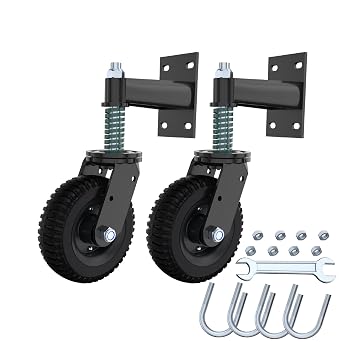 Fence Gate Wheel 15CM*2 for Metal Tube Gate 225KG Capacity 360 Degree Rotating Spring Shock Absorbing Heavy Duty Casters with Screws and Wrenches