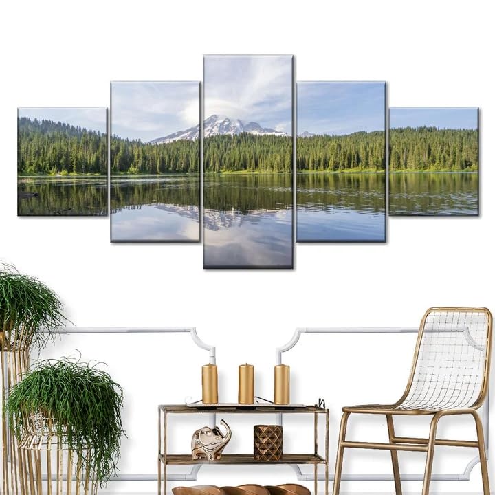 Tableau forêt au bord du lac pour salon grand format affiche déco moderne 5 panneaux