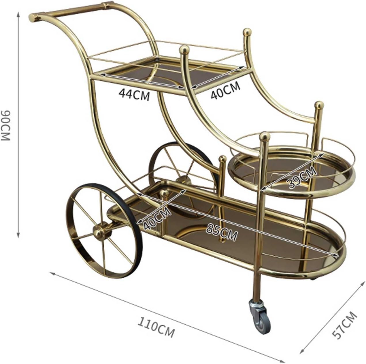 Storage Trolley Luxury Gold 3 Tier Bar Carts on Mute Wheels for Kitchen, Dining Room, Living and Parties, Stainless Steel Shelving Organizer