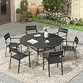 VICLLAX Patio 7 Pieces Outdoor Dining Set for 6, 47.2" Round Aluminum Outdoor Table with Umbrella Hole and Storage Shelf, 6 Stackable Chairs for Lawn, Garden, Porch, Black