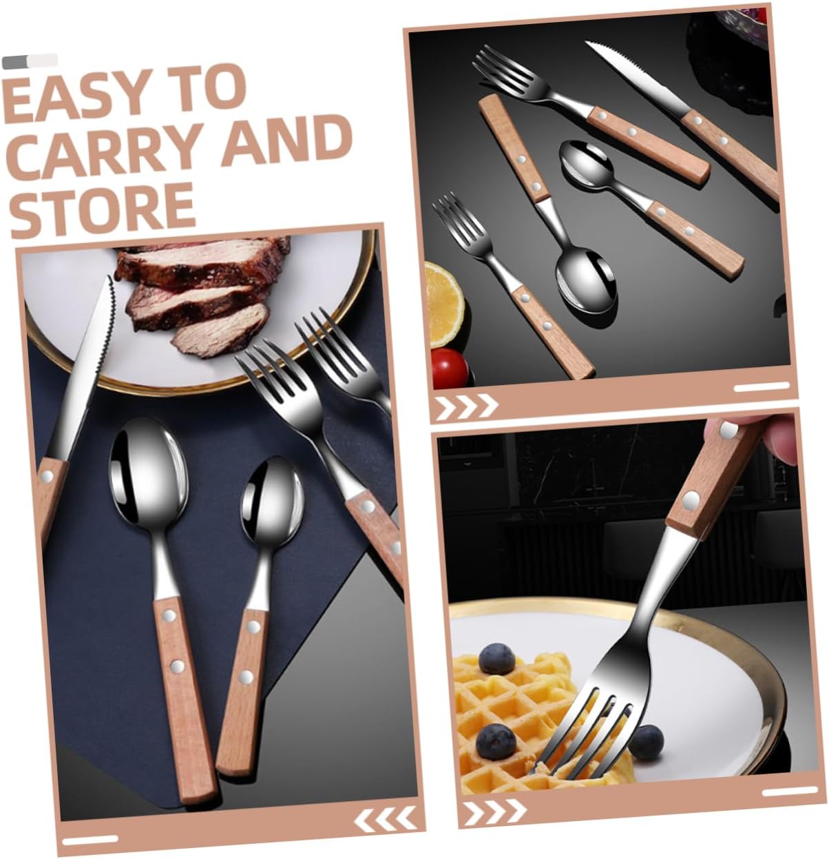 5pc Reusable Stainless Steel Serving Utensils Set Silverware Wooden Handle Fork Knife Spoon for All Occasions