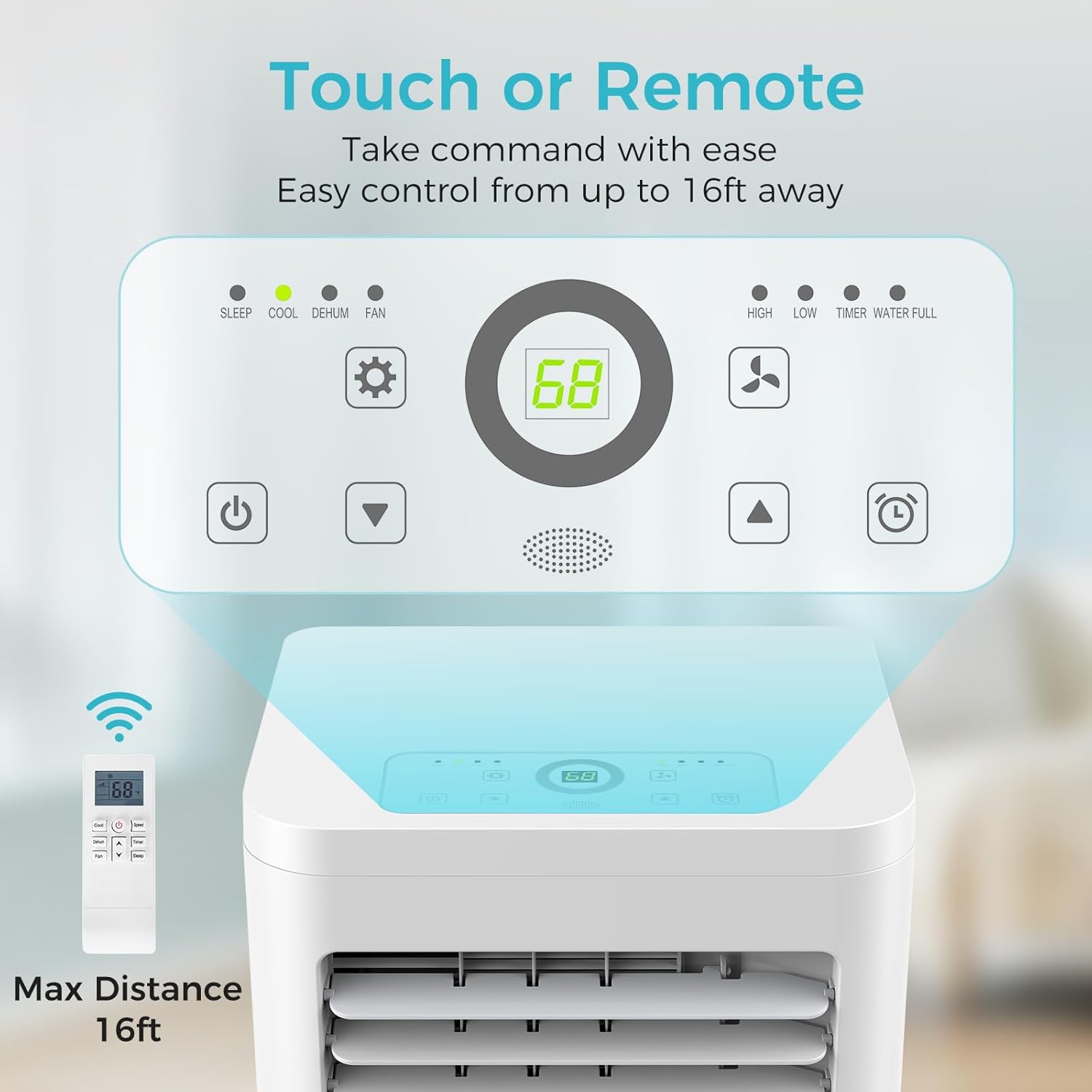 Image showing built-in handles and 4 universal wheels for easy movement of the portable AC